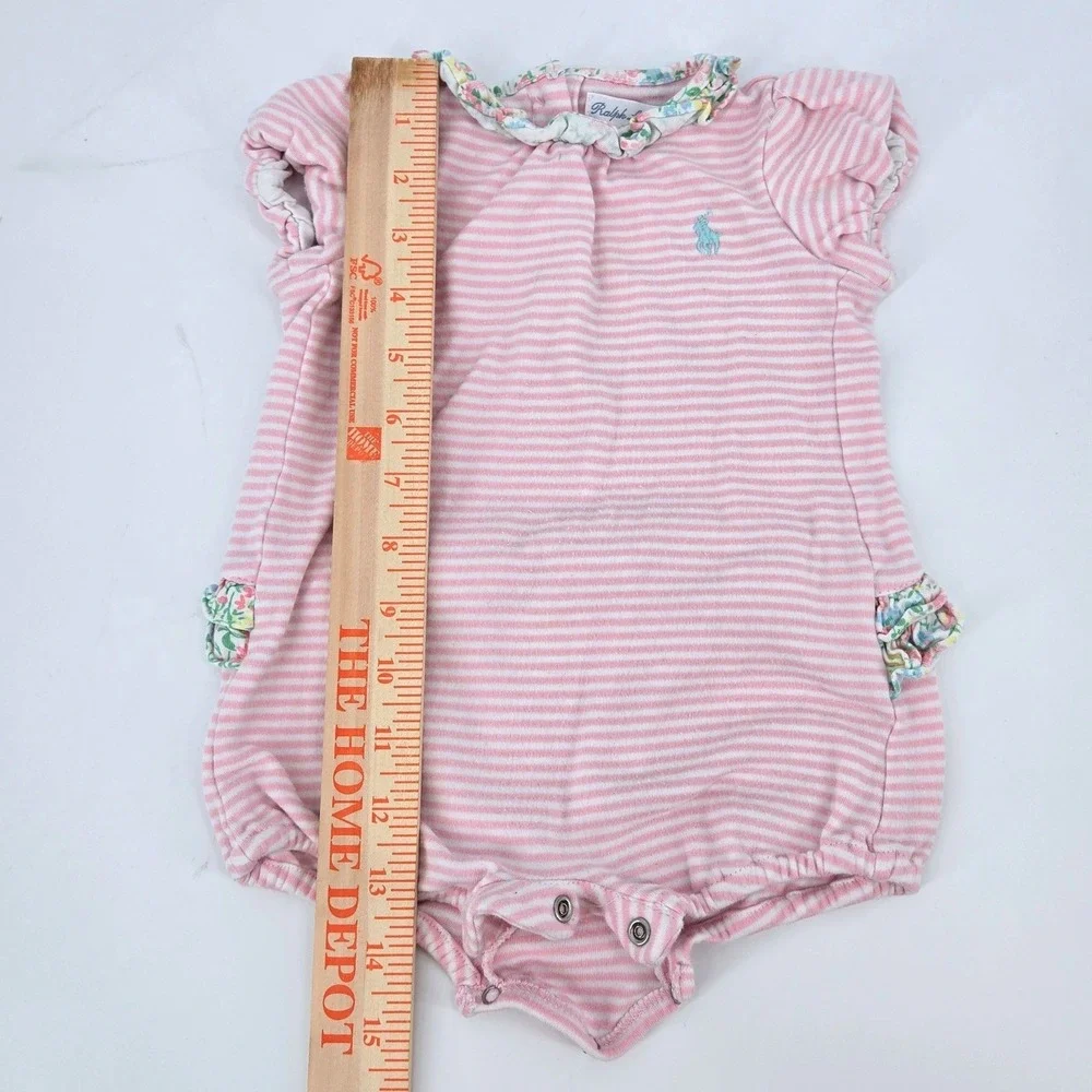 Polo Ralph Lauren Baby Girl‎ Pink White Striped Floral Ruffle Bubble Romper 6M